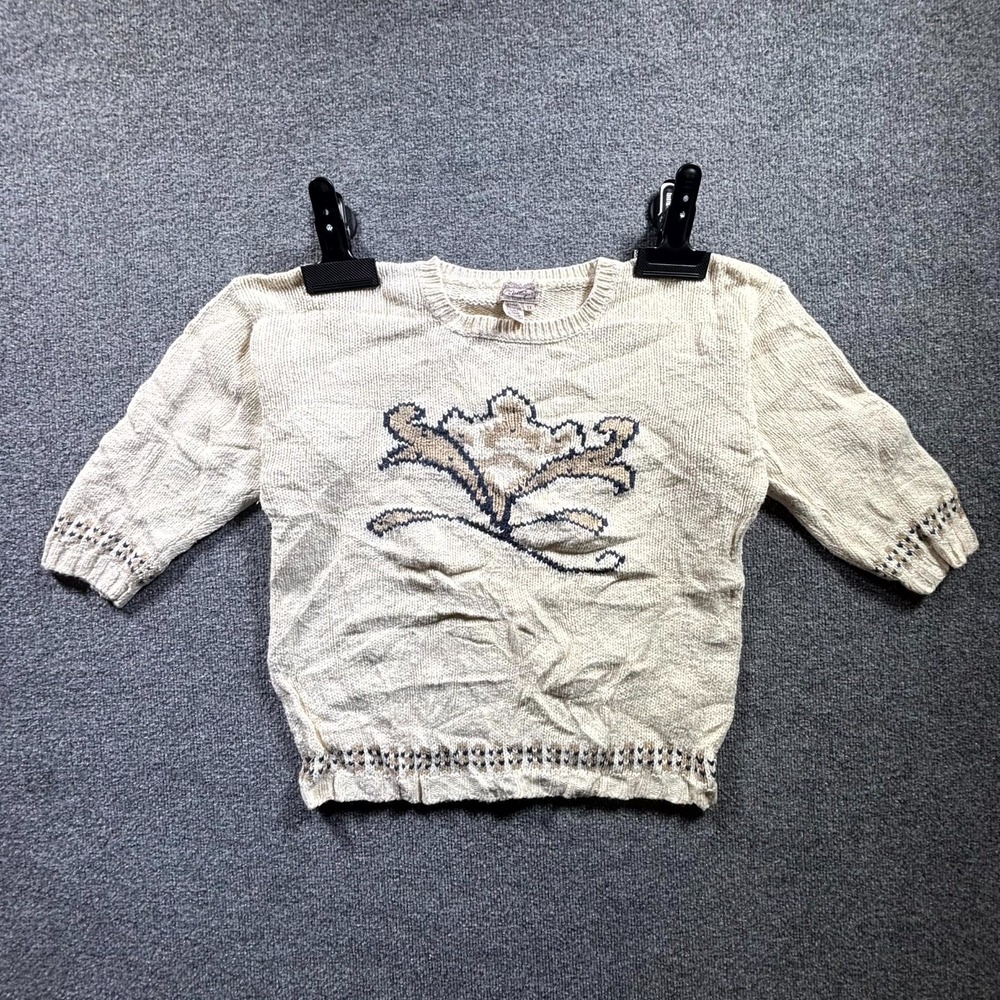Vintage The Villager Sweater Women's 1X Cream Floral Knit 3/4 Sleeve Cottagecore